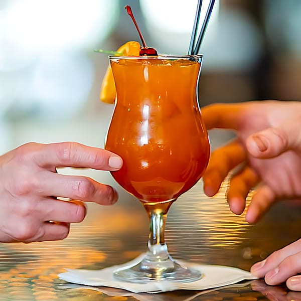 Hands reaching for a tropical cocktail with an orange slice and cherry at Broadway Grille.