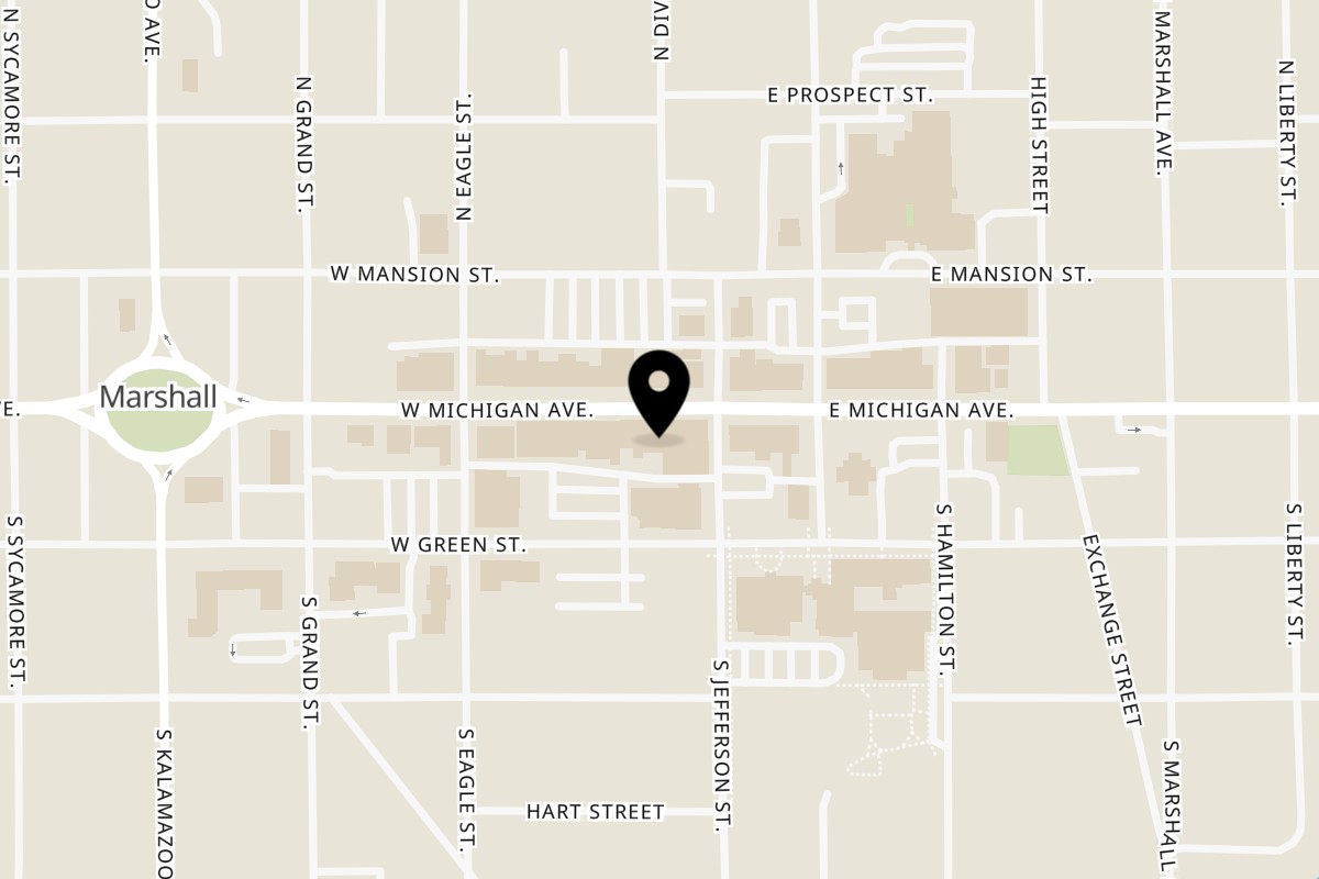 Map showing the location of Broadway Grille Broadway Grille - Marshall on 107 W Michigan Ave in Marshall